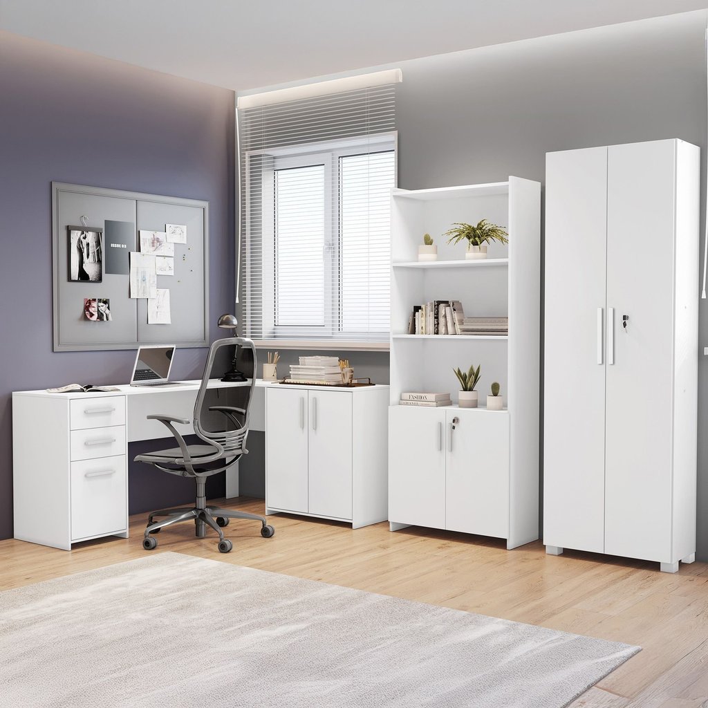 Conjunto 3 Peças com Mesa para Escritório em L, Armário Multiuso Alto Aberto e Fechado Branco Branco