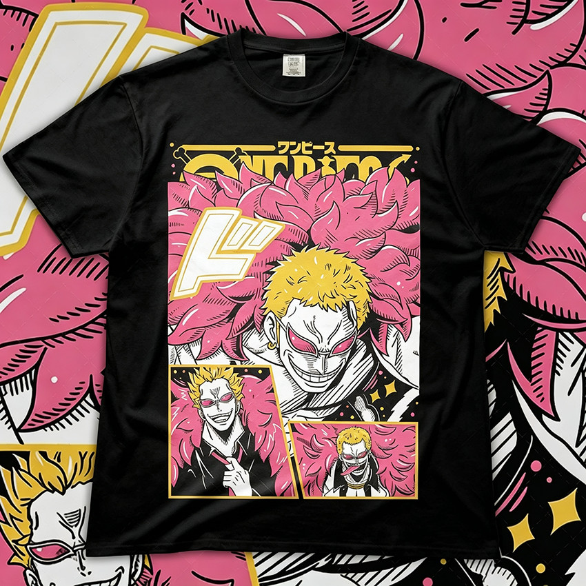 Camiseta Masculina Feminina Oversized Estampa Doflamingo Mangá Rosa Amarelo One Piece, T-shirt Streetwear Unissex