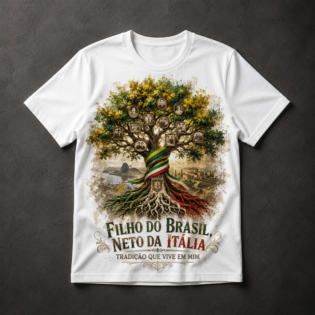 Camiseta Filho do Brasil Neto da Itália Árvore Genealógica Italodescendente