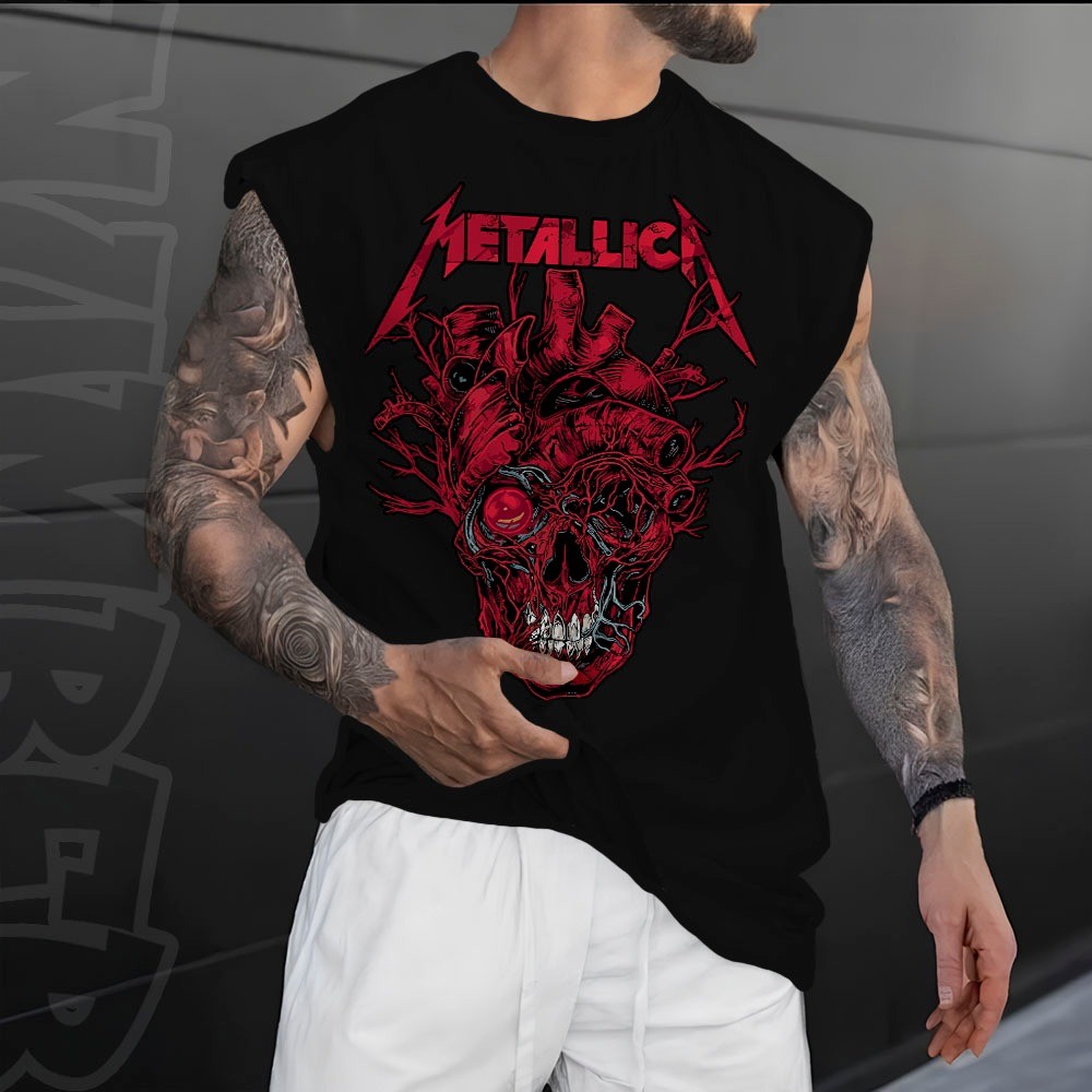 Camiseta regata machao oversized masculino metallica caveira skull gym academia streetwear em algodao unissex Longline