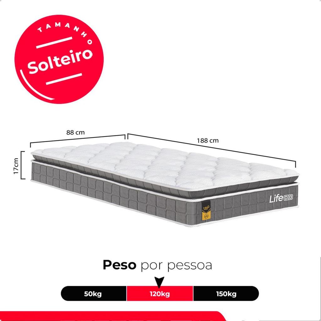 Colchão Solteiro Life D33 Pillow Top Cinza 17x88x188cm- e-Shop Casa — imagem 2 de 2