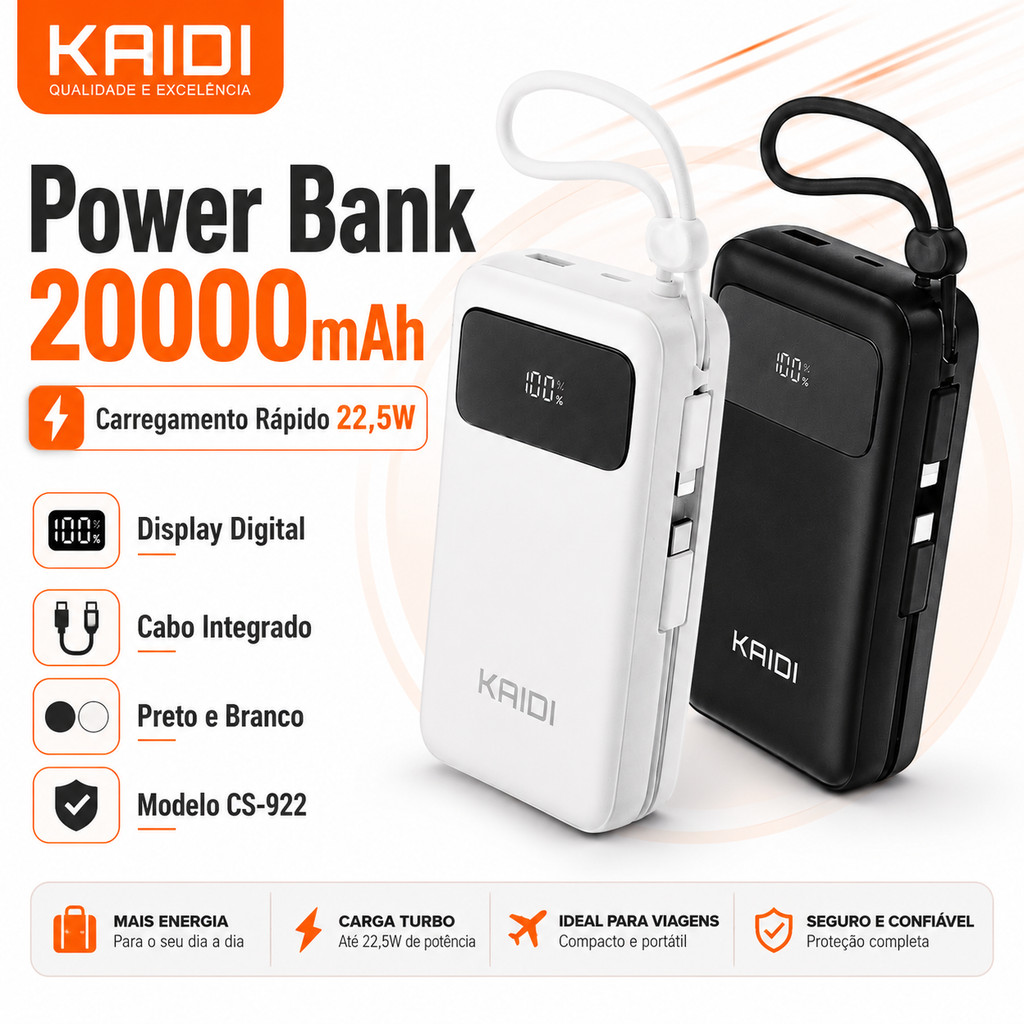 Power Bank KAIDI 20000mAh com Carregamento Rápido 22,5W, Display Digital e Cabos Integrados