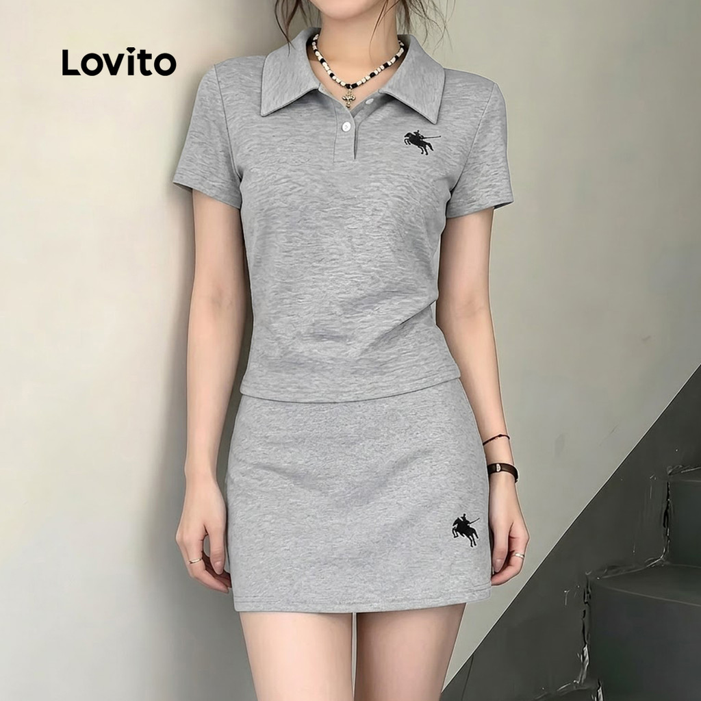 Lovito Conjunto Casual De Saia Primavera/Verão Elegante Cinza Para Mulheres L198ED391 — imagem 2 de 2