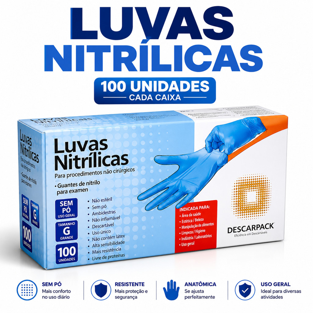 Luva Nitrilica Azul Sem Pó De 100 Un Tamanho G - Descarpack