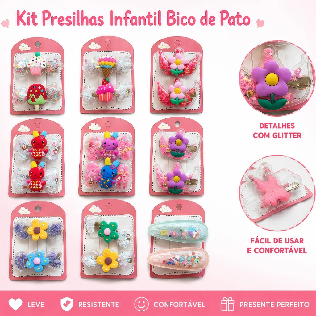 Presilhas Infantil Bico de Pato Cupcake Sorvete Acessório de Cabelo Menina Fofo Colorido