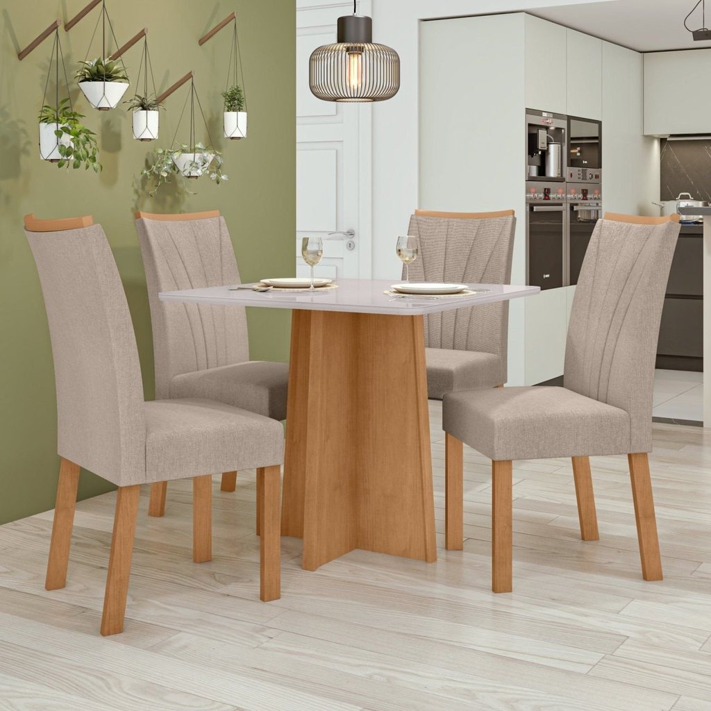 Conjunto Sala de Jantar 4 Lugares Quadrada Tampo Vidro/MDF Mesa Celebrare com Cadeiras Apogeu Bege Amêndoa Clean/Off
