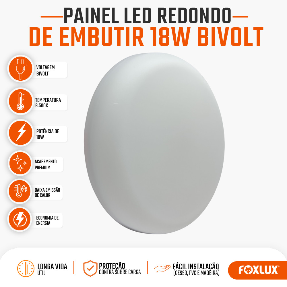Painel Plafon LED Redondo Embutir Foxlux 18W 6500K Branco Frio