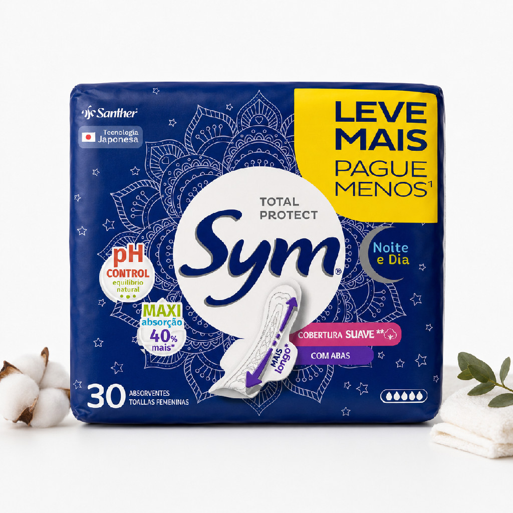 ABSORVENTE SYM NOITE & DIA COBERTURA SUAVE COM ABAS COM 30 MAIS POR MENOS