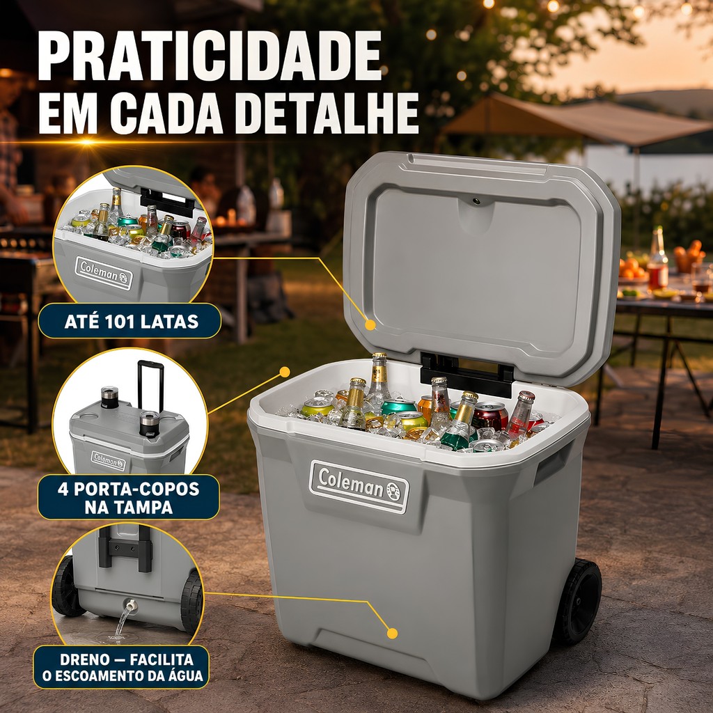 Caixa Termica Com Rodas 61,5L Coleman Cooler Termico Grande Cinza Com Alça Porta Copos Camping Praia · foto 2