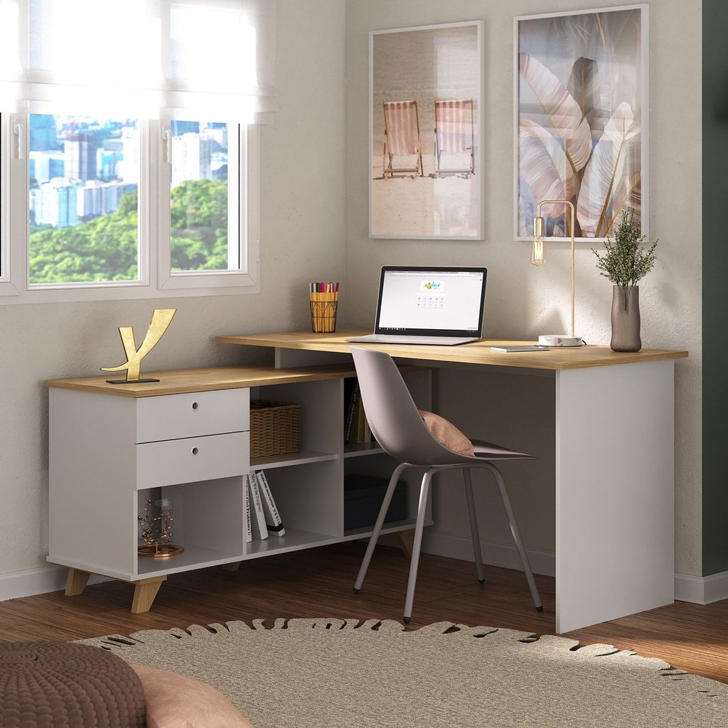 Escrivaninha Retrô em L Mesa Escritório e Home Office com e Gold 2 Gavetas 5 Nichos 145cm Branco Art Olmo/Branco