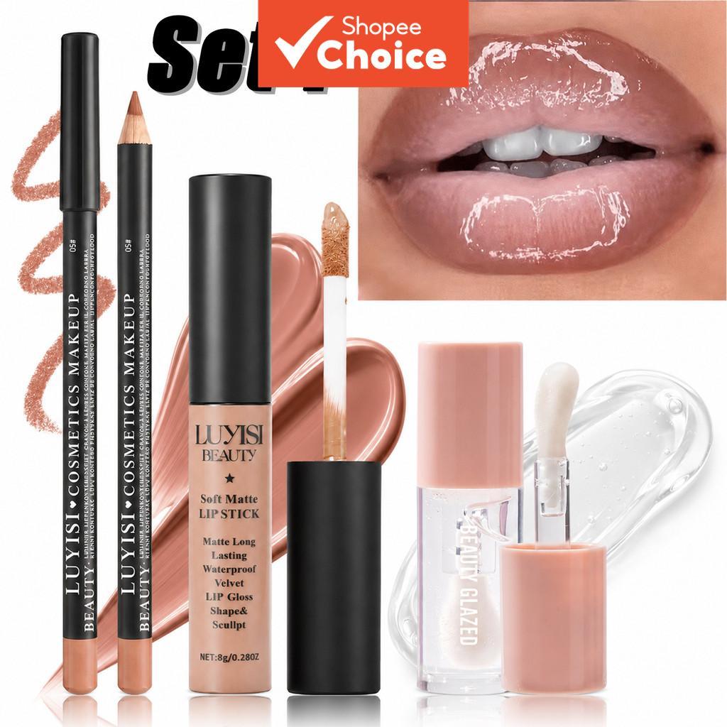 LUYISI 3 Unidades/Conjunto Kit Completo De Maquiagem Labial-Delineador + Batom Líquido Fosco + Brilho Transparente-À Pro