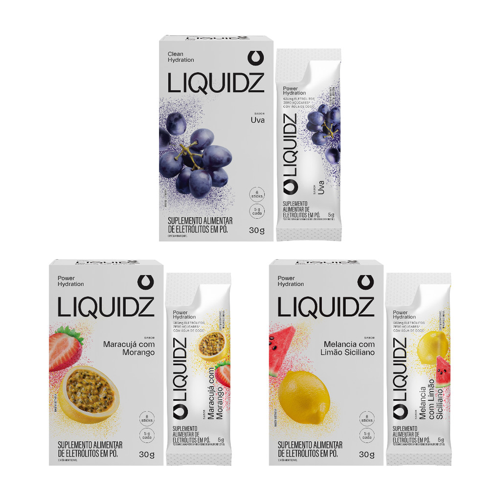 Kit 3 Sabores LIQUIDZ® - Eletrólitos Zero Açúcares - 3 Caixas - 18 sachês