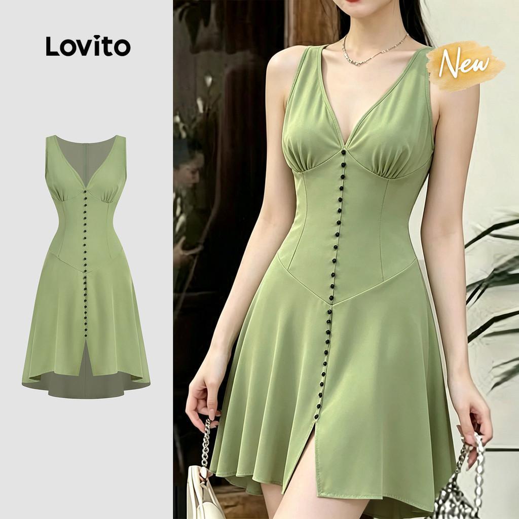 (New Arrival) Lovito Vestido Elegante com Fenda Frontal e Botões Frontais Verde