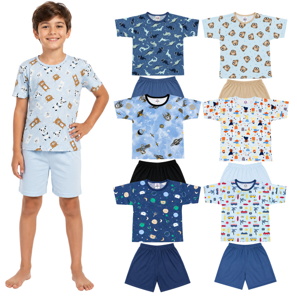 Kit 4 Pijamas Verão Infantil Masculino Manga Curta Estampa Sortida 2 ao 8
