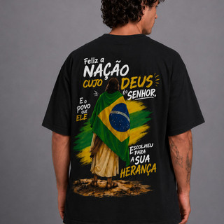 Camiseta T-Shirt Feliz A Nação Cujo Deus É O Senhor Jesus Brasil Patriota 100% Algodão Envio Rápido