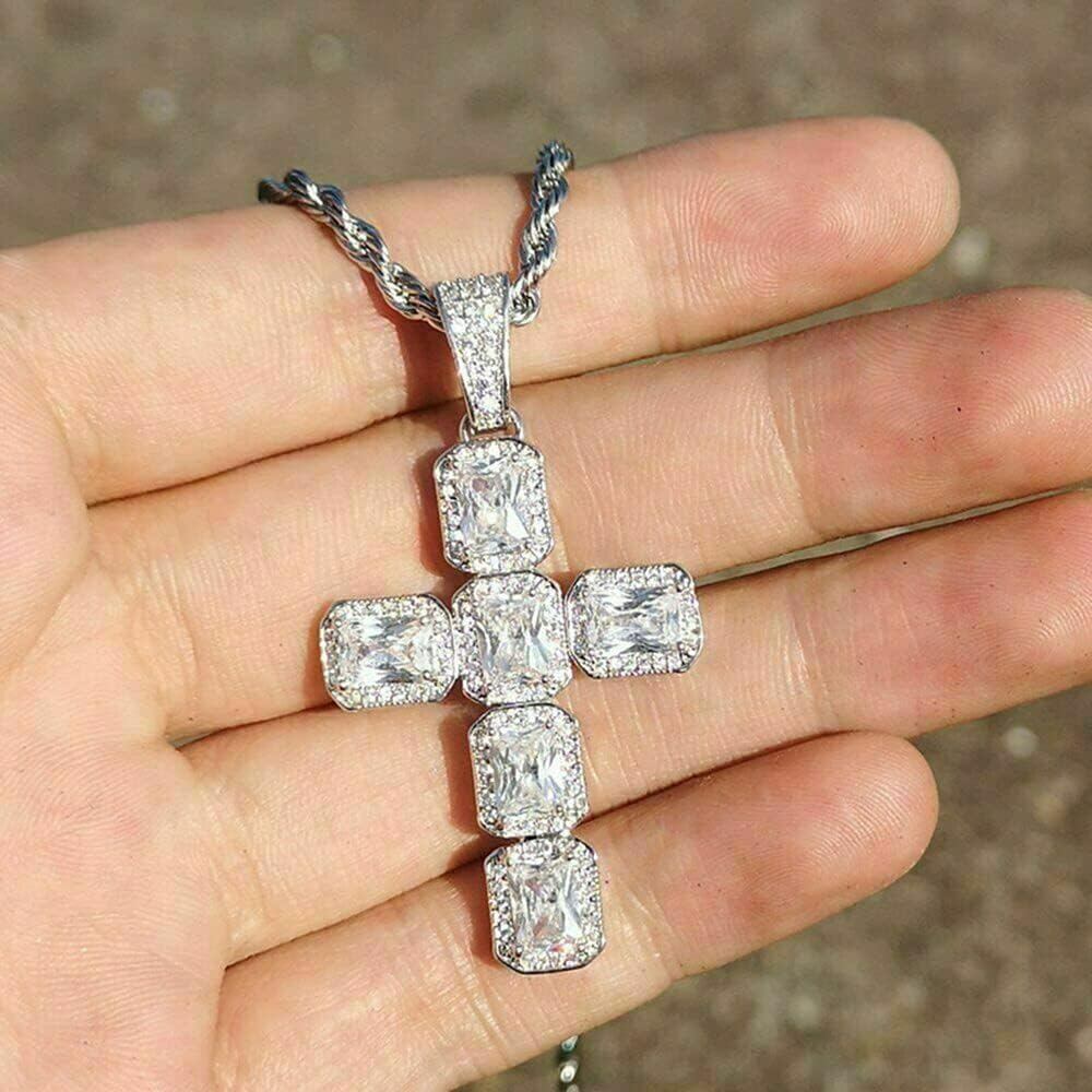 Colar Hip Hop WDIYIEETN em Prata Esterlina 925 com Pingente de Cruz de Cristal CZ Brilhante e Corrente de Corda Torcida 