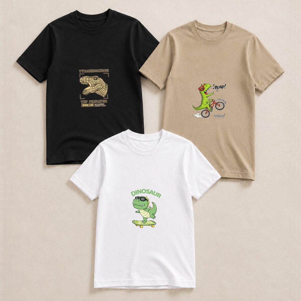 Kit 3 Camiseta Infantil com Estampa de Dinossauro em Algodão para Meninos