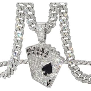 Corrente Miami Cuban Link Cravejada de Pedras com Pingente de Carta de Baralho Royal Flush, Colar Hip Hop Banhado a Ouro