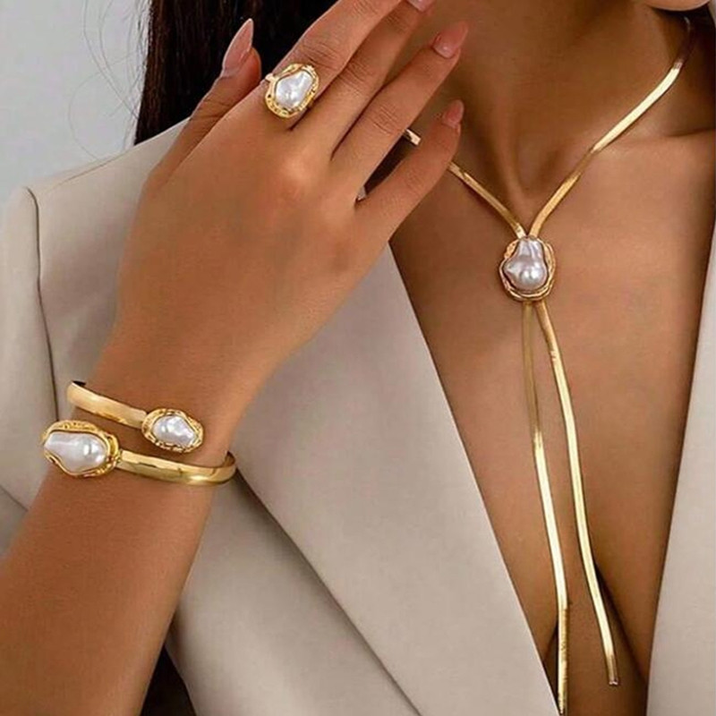 Conjunto de Colar de Pérolas Minimalista, Pulseira de Corrente de Cobra e Anel, Joias Vintage Retro para Festas para Mul