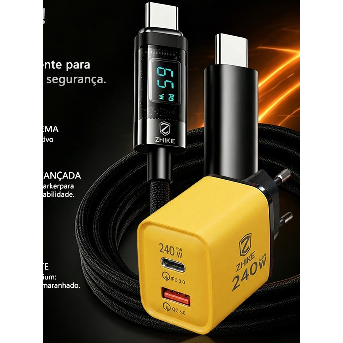 Carregador Rápido 240W ZHIKE Original PD GaN Tipo C USB-C Adaptador de Parede Turbo Portátil com Cabo Trançado 1M Combo