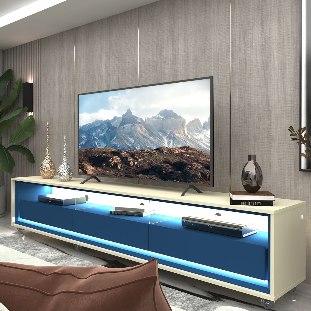 Rack para TV até 85 Polegadas com LED 100% MDF 211,4cm Rodízios Requinte Yescasa Azul Off White/Azul Royal