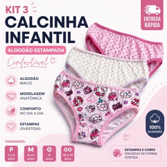 Kit 3 Calcinha Infantil Algodão Estampada Menina Confortável Anatômica Cores Sortidas