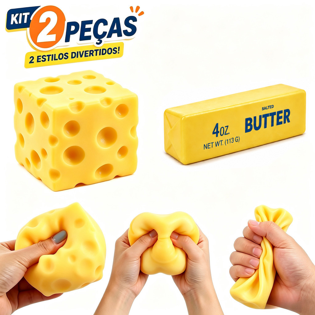 Kit 2 Brinquedos Squishy Antiestresse Manteiga e Queijo, Brinquedo Sensorial Macio para Apertar, Presente Criativo