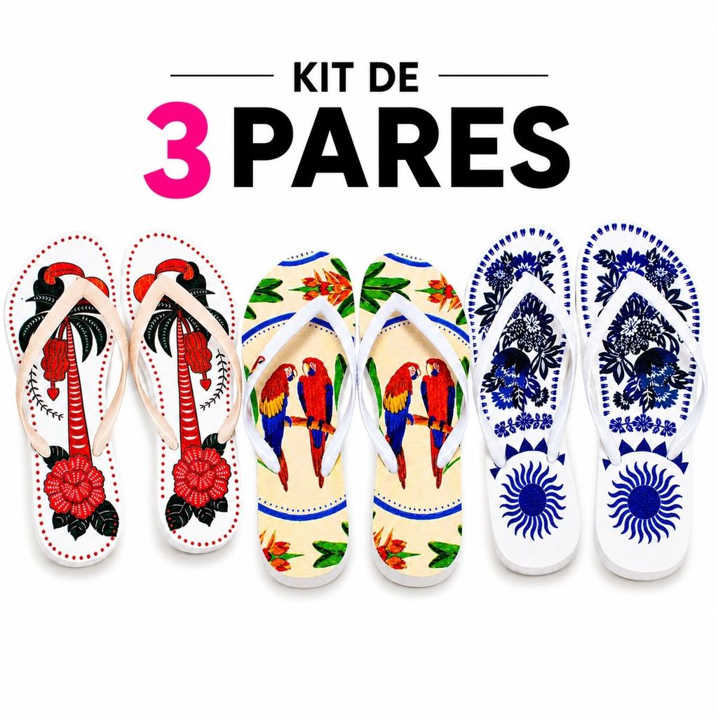 Kit 3 Chinelos Feminino Farm Estampado Confortável Estiloso Antiderrapante - Envio Imediato