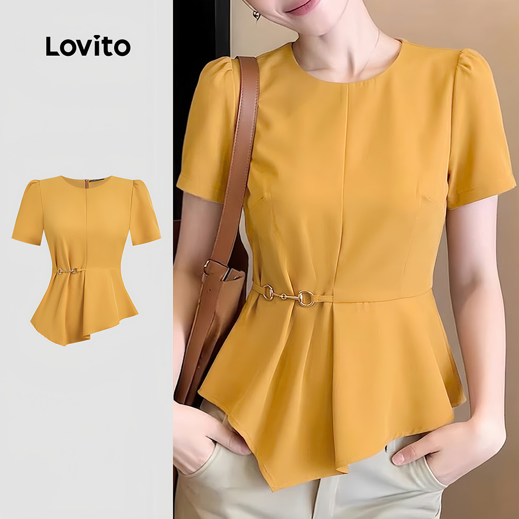 (New Arrival) Lovito Blusa Casual Assimétrica em Metal Amarelo Primavera/verão p