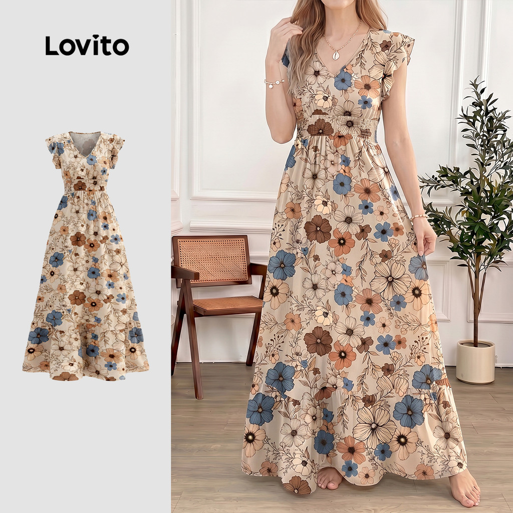 (New Arrival) Lovito Vestido Elegante com Babados e Bainha de Babado Vestido de