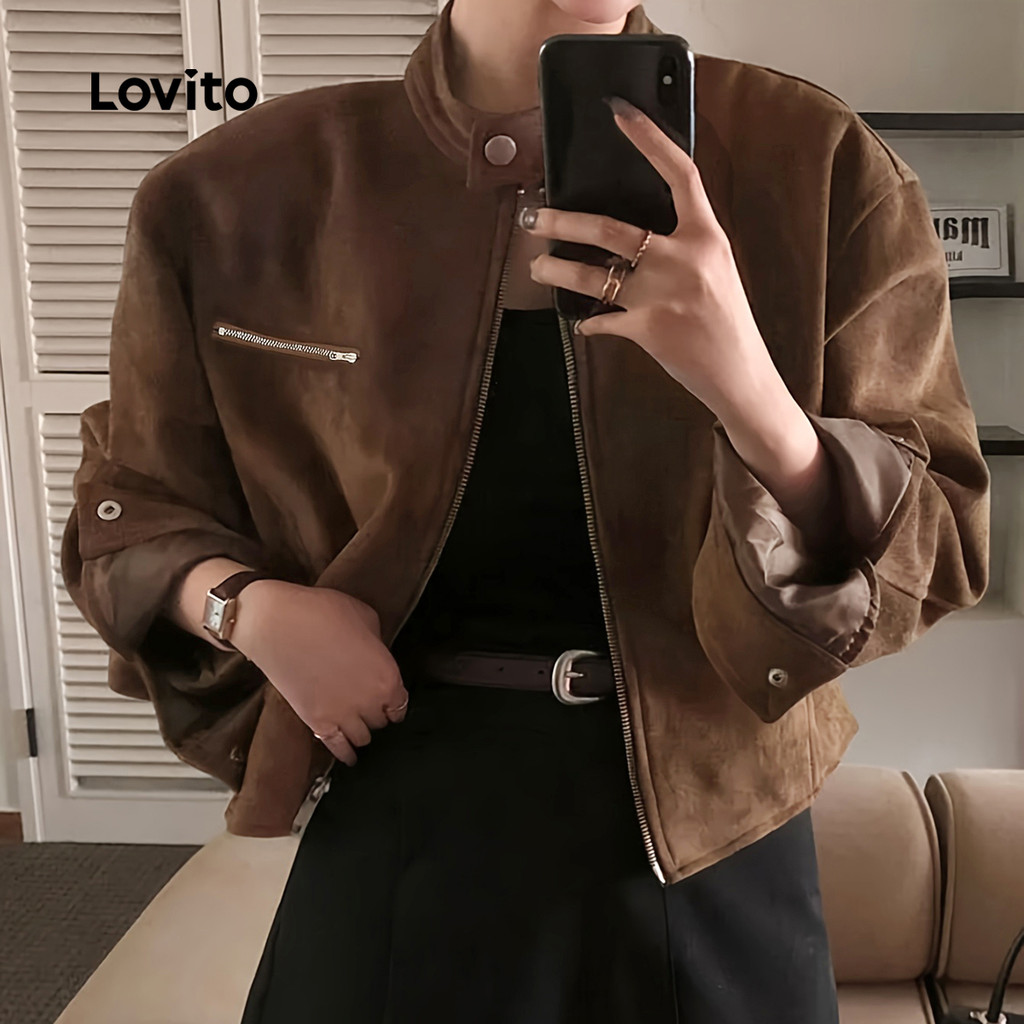 (New Arrival) Lovito Casaco Casual Com Botões E Zíper Marrom Outono/inverno Para