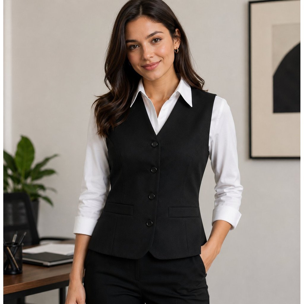 Colete Social Feminino Oxford Profissional Poliéster Uniformes Elegante Moda Moderna Secretaria Preto E Azul Marinho