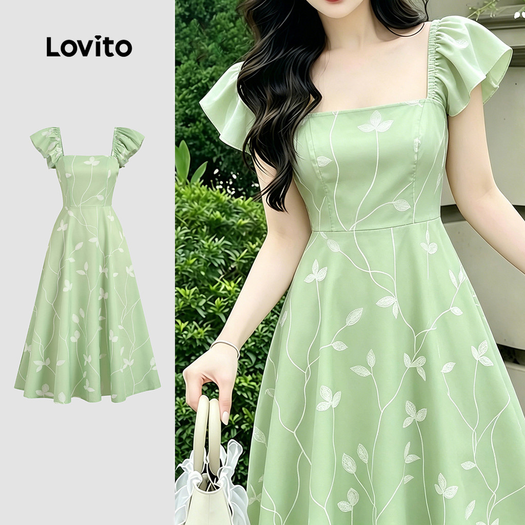 (New Arrival) Lovito Vestido Boho Babados Flores Primavera/verão Verde para mulh