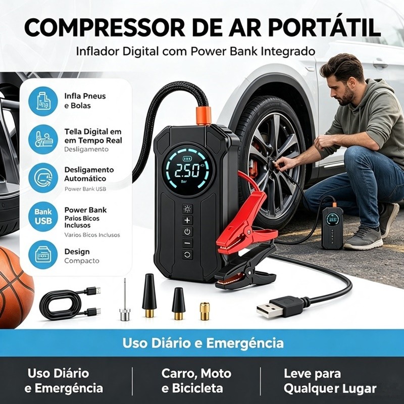 Bomba de Ar Portatil Compressor Inflator Multi-função 4 em 1 Auxiliar Partida Bateria Portátil Emergência Voltik
