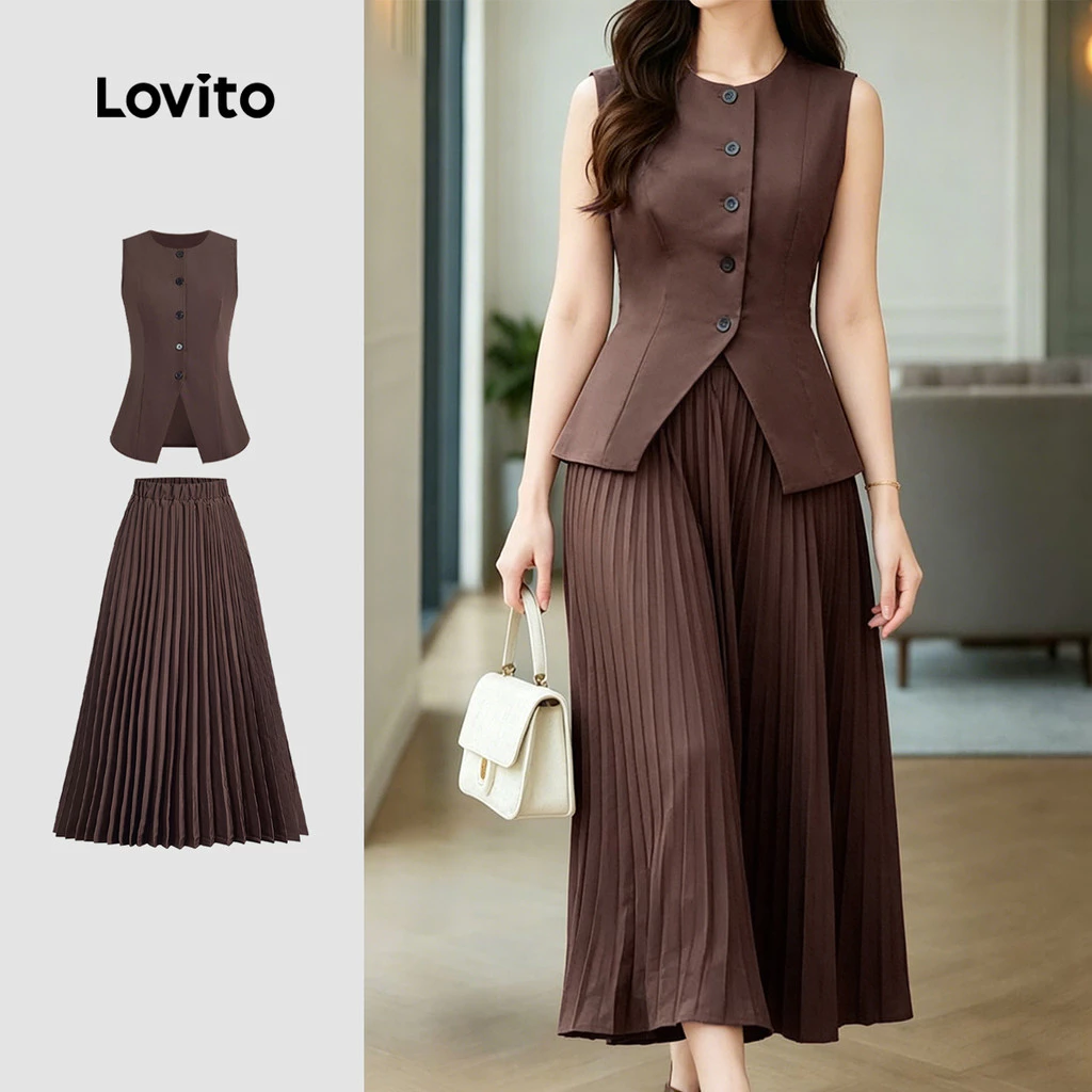 (New Arrival) Lovito Elegantes Tops ou Saias com Botões Frontais Pregas Primavera/verão marrom L196LD495 — imagem 1