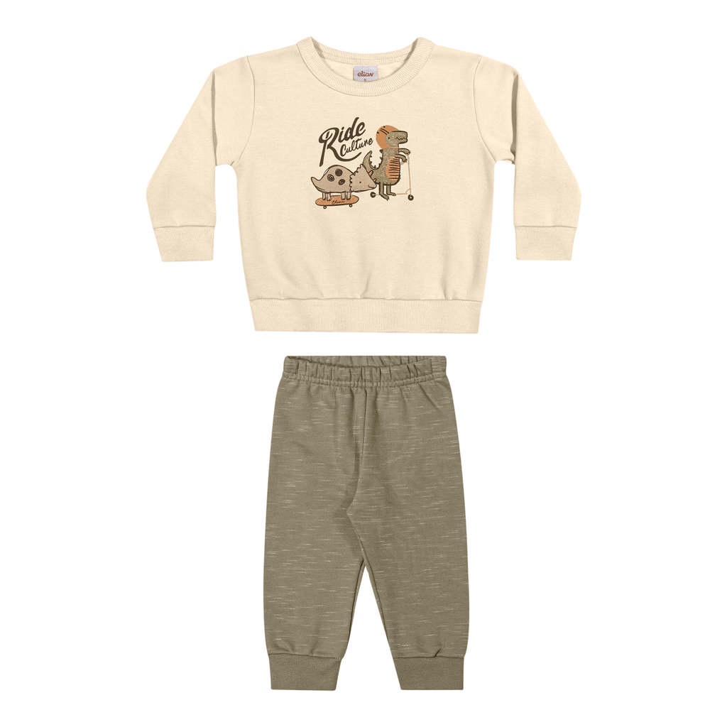 Conjunto Longo Bebê Menino Dino Ride Elian Bege