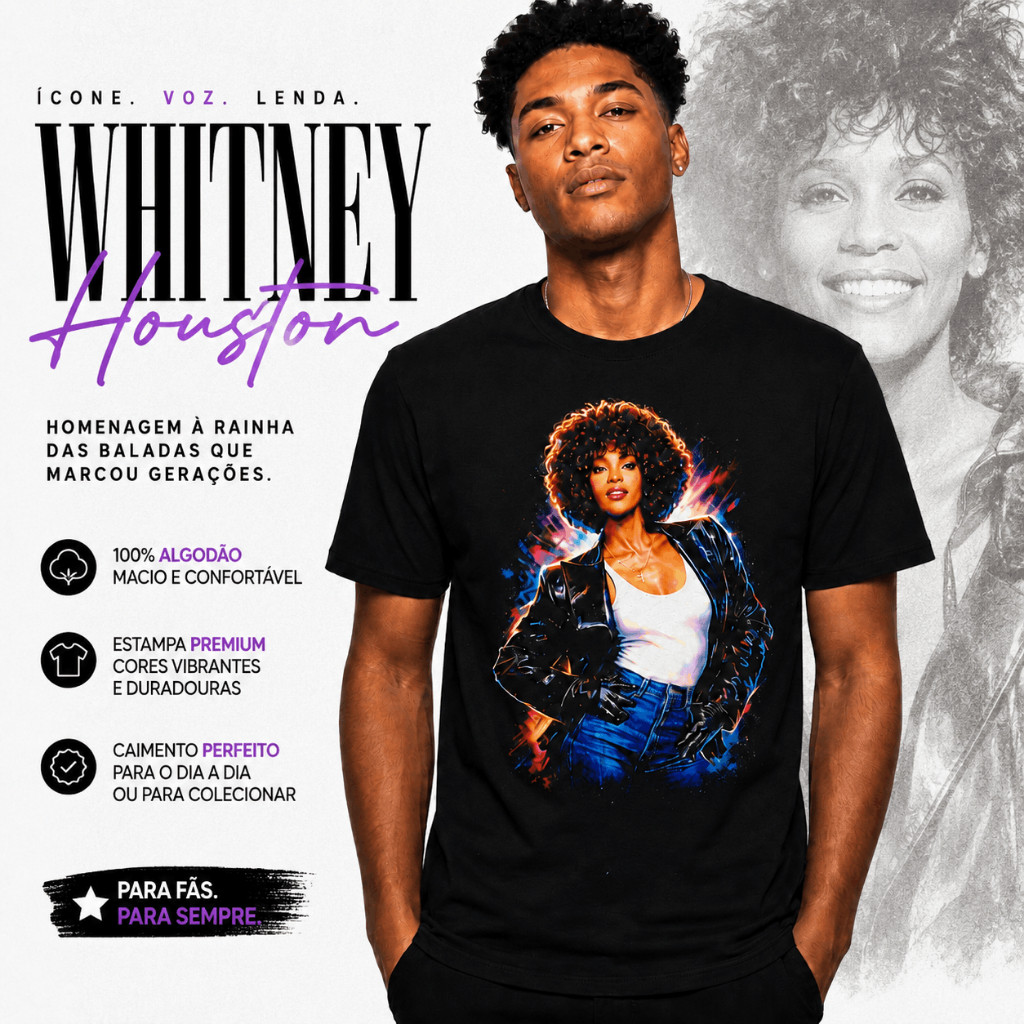 Camiseta Whitney Houston Feminina e Masculina 100% Algodão Estampa Retrô Música Pop Confortável Adulto e Infantil