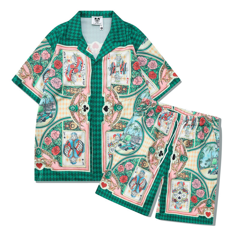 [Novo produto] Cavalheiro Digital impresso palácio marca camisa conjunto Shorts casuais solto camisa de manga curta masc