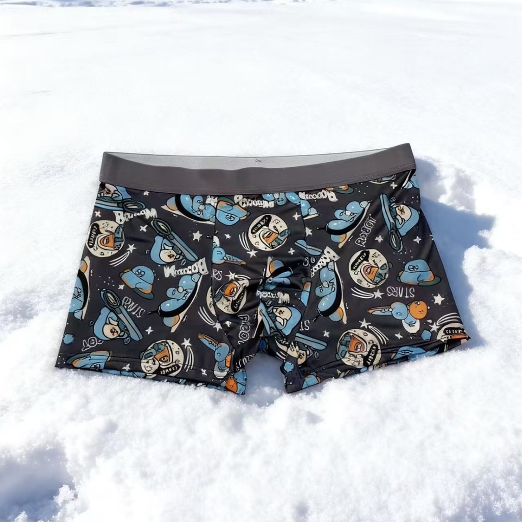((Pacote de quatro) Cuecas Boxer masculinas de seda gelada moda na moda padrão de desenho animado roupa íntima masculina