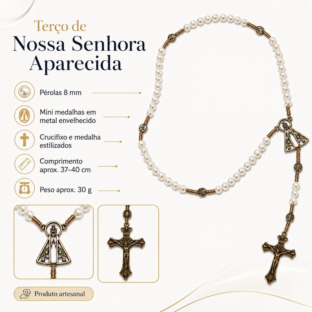 Terço Nossa Senhora Aparecida Pérolas Medalha Mini Medalhas Crucifixo Metal Envelhecido