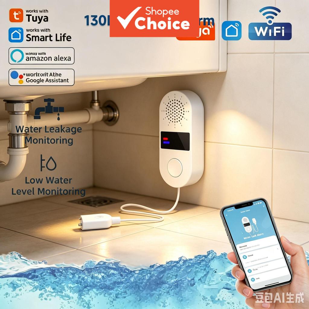 Sensor de Vazamento de Água WiFi Tuya 130DB Detector Alarme de Vazamento de Inundação Notificações no Aplicativo Smart