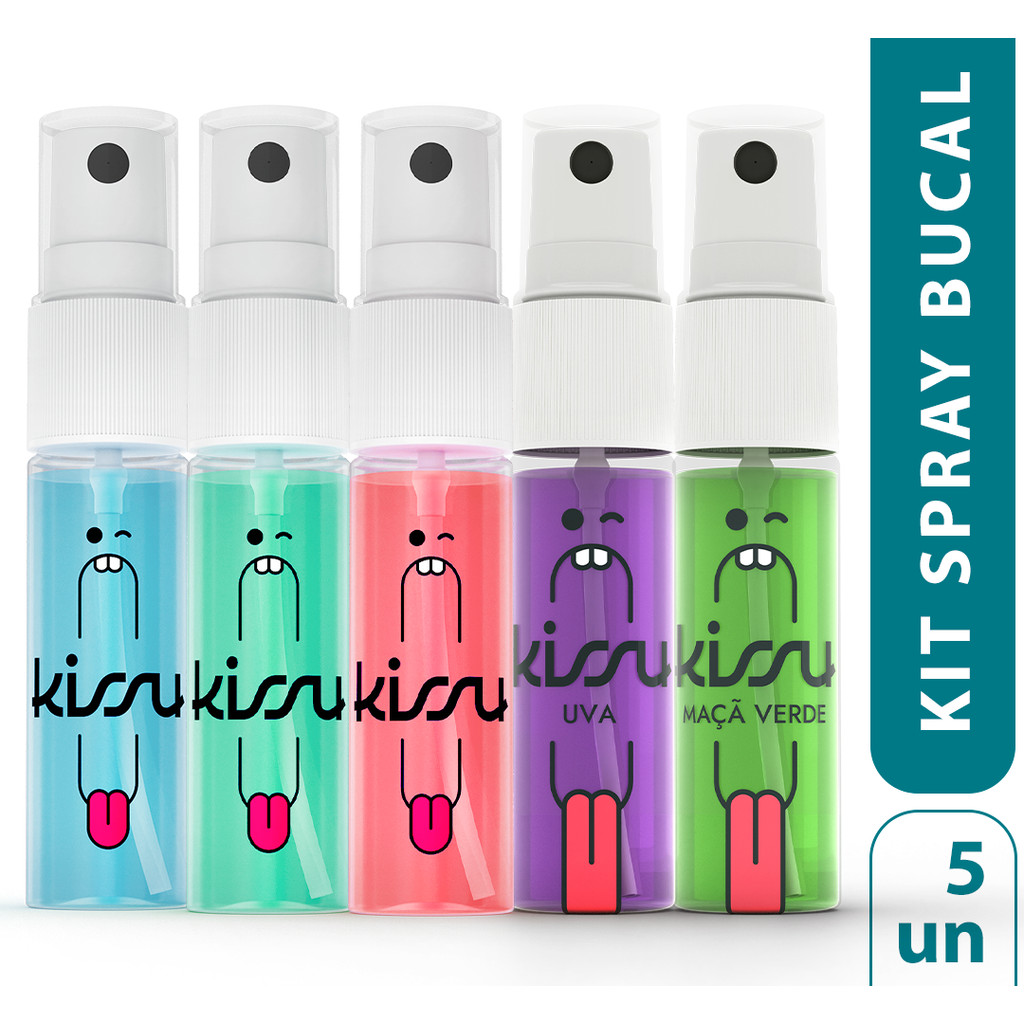 Kit 5 Spray Bucal Kissu – Menta + Hortelã + Frutas Vermelhas + Uva + Maça Verde (15ml cada)