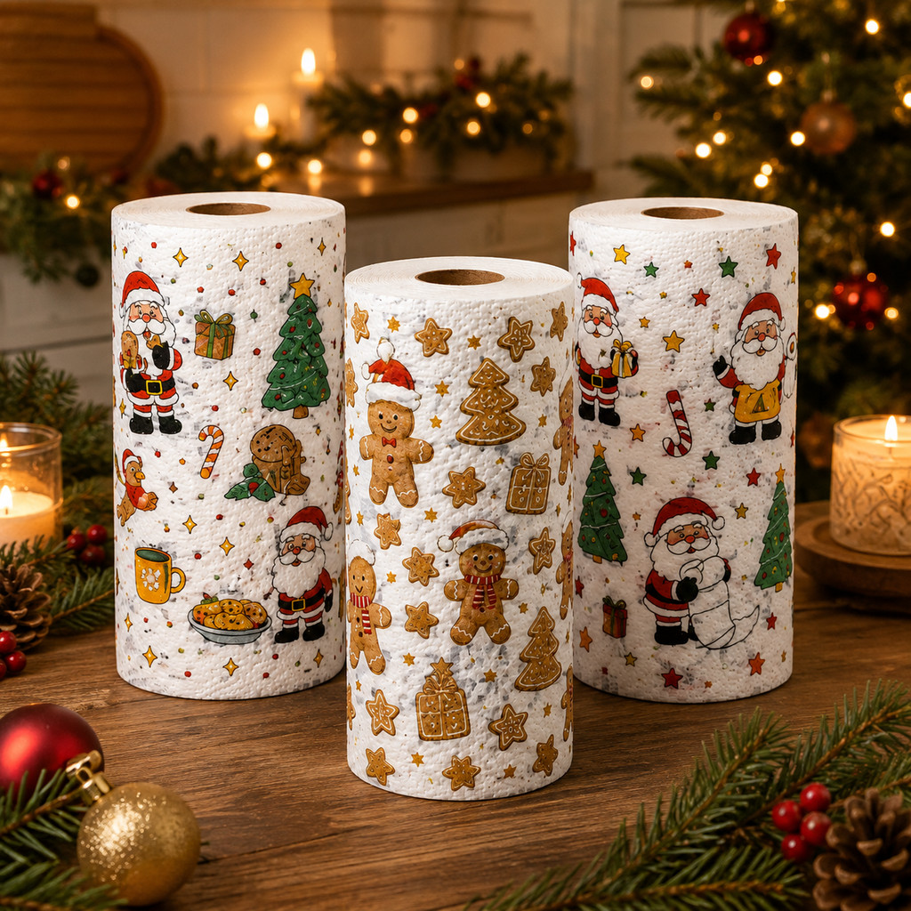 Kit 3 Papel Toalha Estampado Natalino Luxuoso Folha Tripla 40 Folhas Cada Rolo