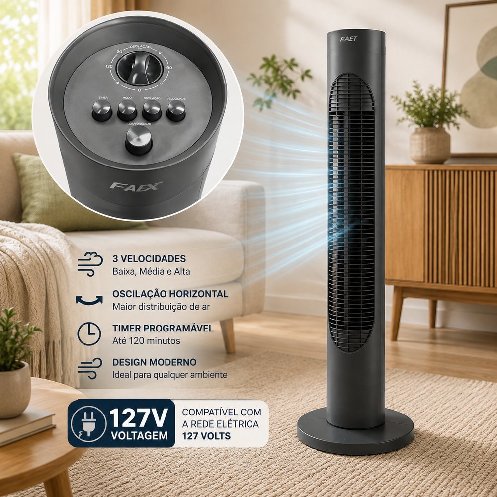 Ventilador de Torre 3 Níveis de Velocidade Compacto 127V