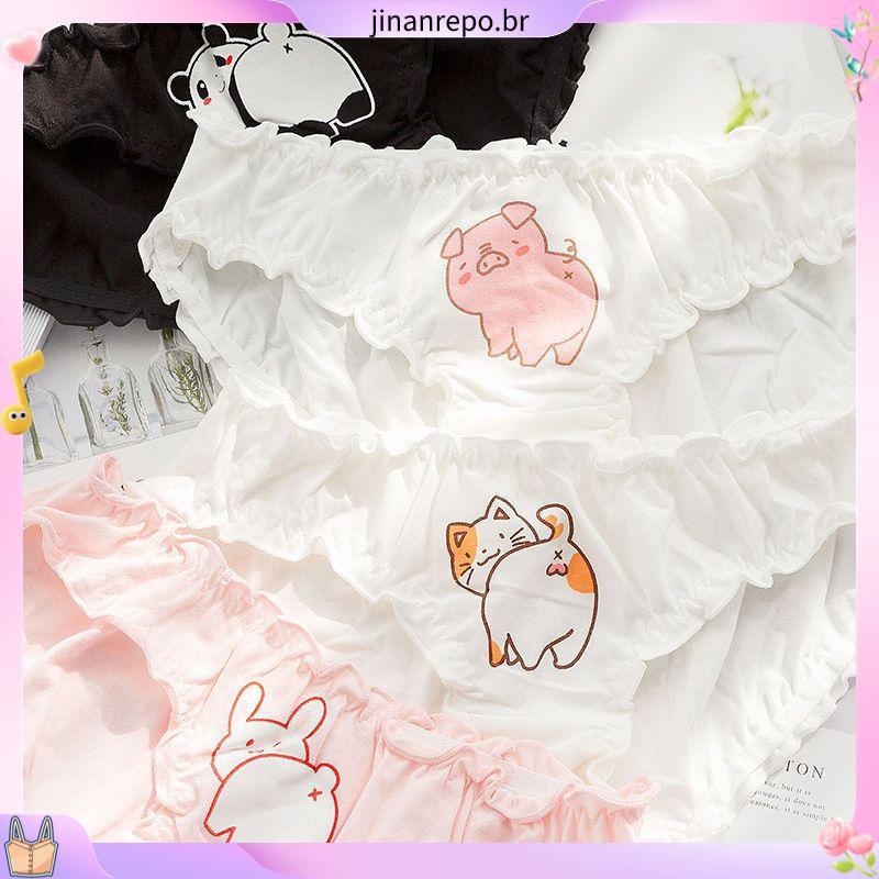 Desenhos animados japoneses bonito roupa interior feminina puro algodão estudante versão coreana impresso padrão babados