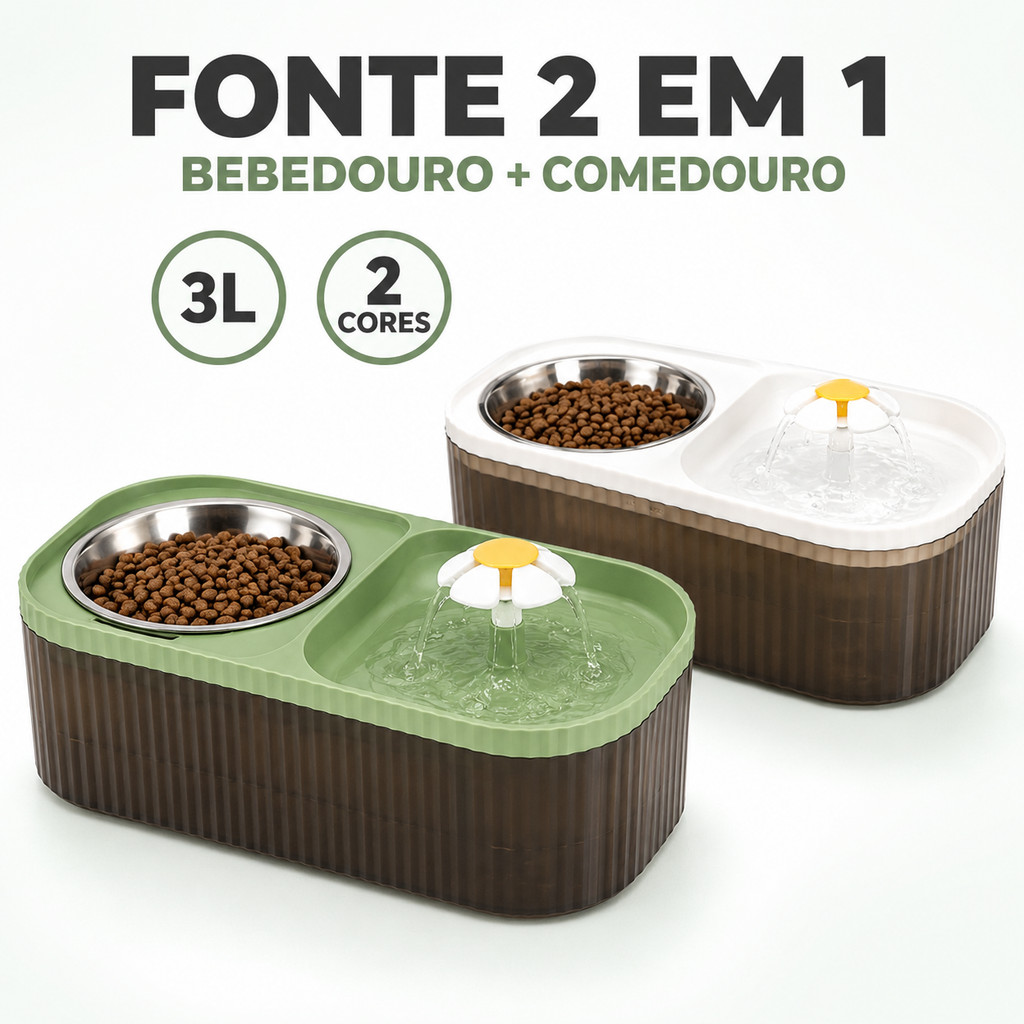 Fonte Bebedouro Automático 2 em 1 para Cães e Gatos com Filtro Silencioso e Comedouro de Inox
