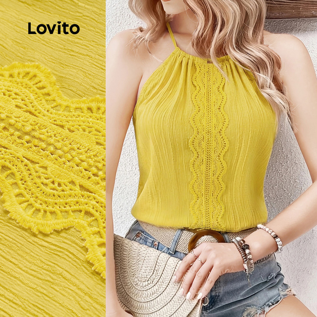 Lovito Férias Top Tecido com Costura Renda Lazer Primavera/verão Amarelo Top par