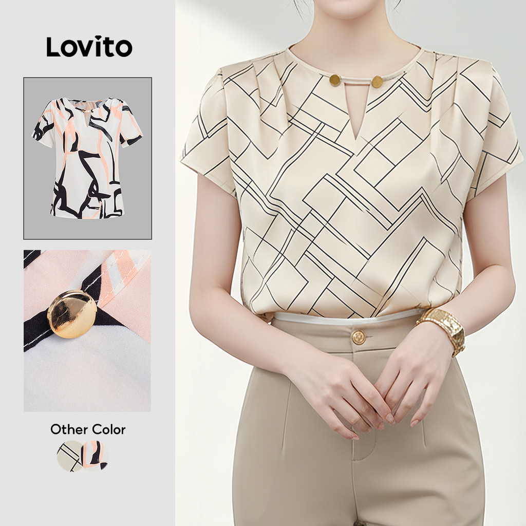 Lovito Blusa Elegante com Botões Vazados Primavera/verão Damasco para mulheres L