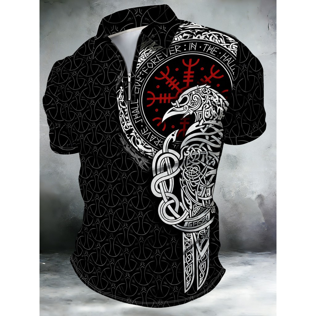Camisa POLO masculina estampada Digital moderna estilo Viking corvo Totem padrão exclusivo lapela manga curta