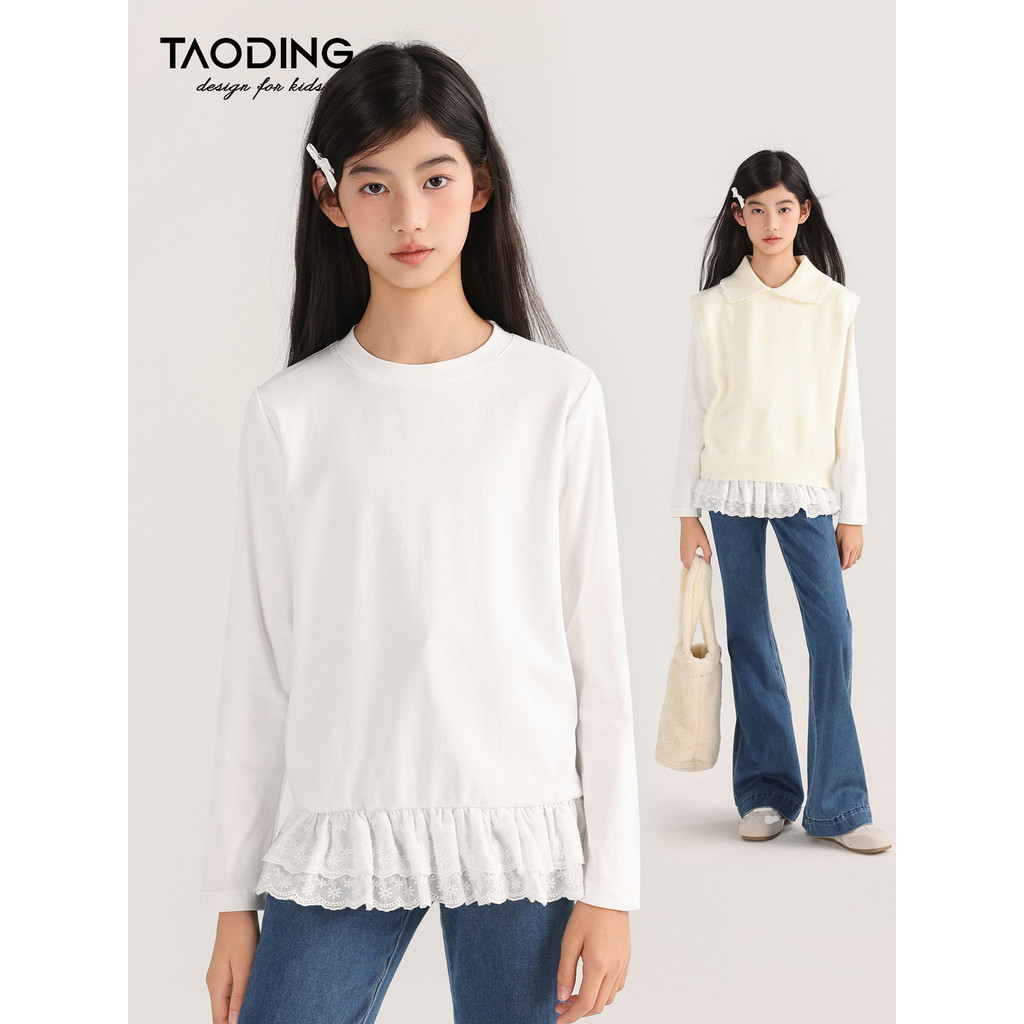 Taoting meninas camiseta de manga comprida primavera outono novo estilo crianças estilo ocidental grandes crianças menin